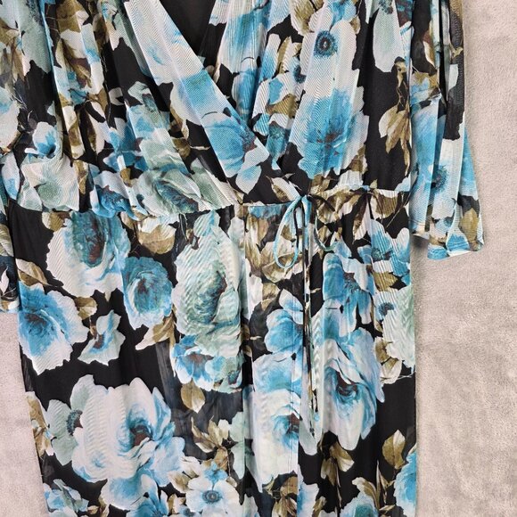 Womens Connected Apparel Black Blue Floral Maxi Faux Wrap Dress 3/4 Sleeves 24W - Picture 2 of 9